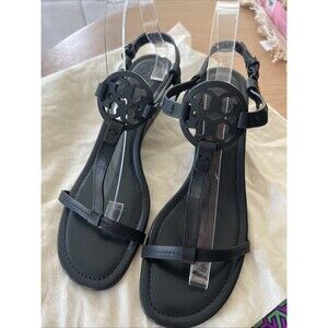 Tory Burch Gabriel Perfect Black Wedge Sandals Size 10 Logo Detail w/Dustbag NEW